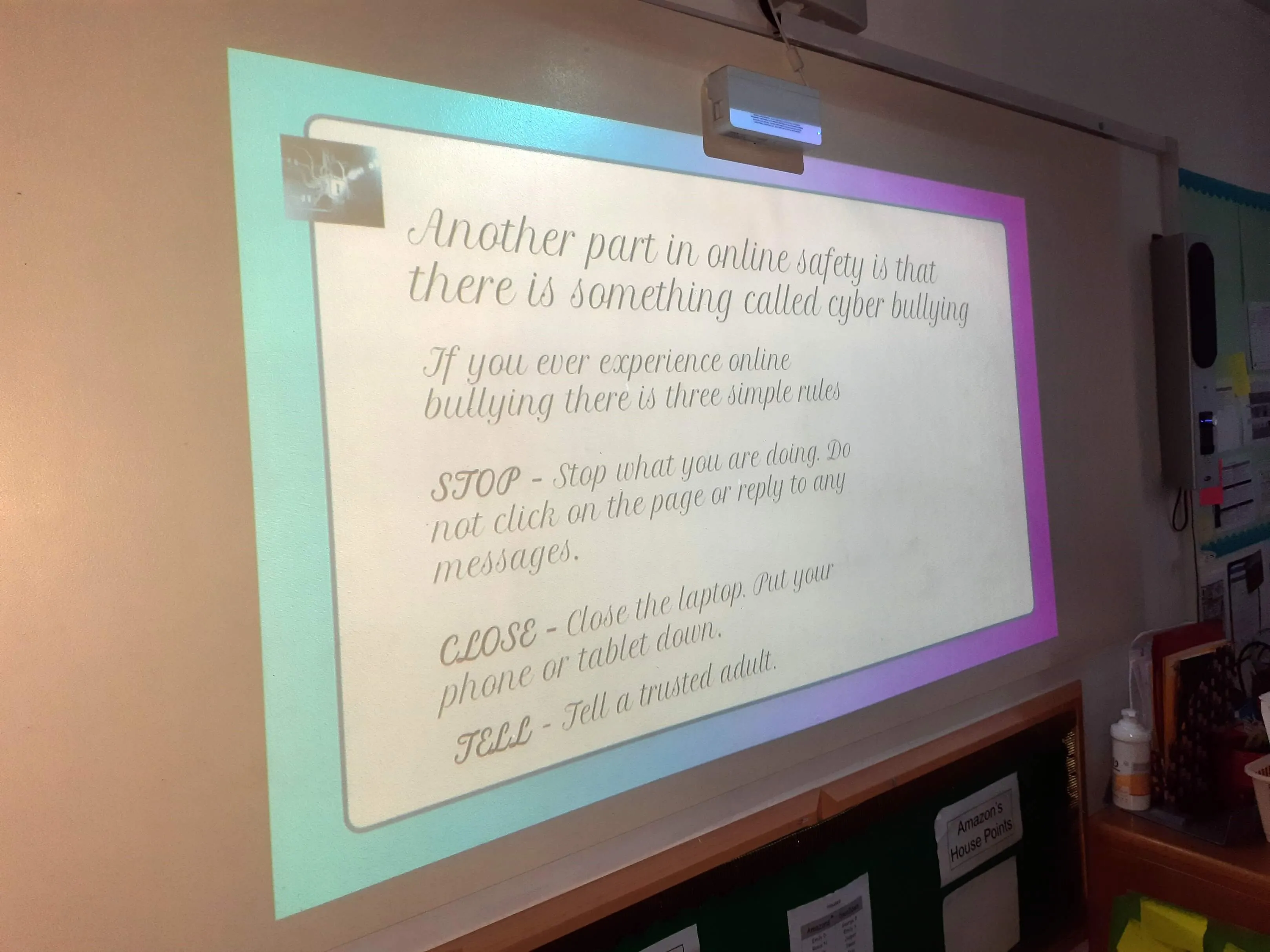 A slide from the Ambassadors' Assembly on Cyberbullying